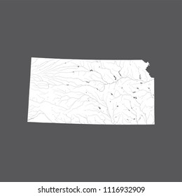 U.S. states - map of Kansas. Hand made. Rivers and lakes are shown. Please look at my other images of cartographic series - they are all very detailed and carefully drawn by hand WITH RIVERS AND LAKES