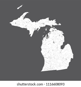 U.S. states - map of Michigan. Hand made. Rivers and lakes are shown. Please look my other images of cartographic series - they are all very detailed and carefully drawn by hand WITH RIVERS AND LAKES.