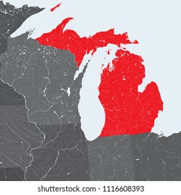 U.S. states - map of Michigan. Hand made. Rivers and lakes are shown. Please look my other images of cartographic series - they are all very detailed and carefully drawn by hand WITH RIVERS AND LAKES.