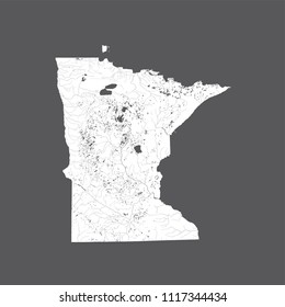 U.S. states - map of Minnesota. Hand made. Rivers and lakes are shown. Please look my other images of cartographic series - they are all very detailed and carefully drawn by hand WITH RIVERS AND LAKES