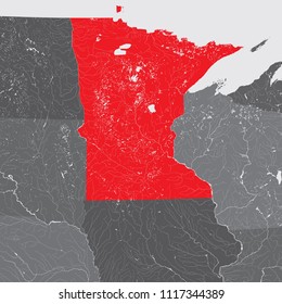 U.S. states - map of Minnesota. Rivers and lakes are shown. Please look at my other images of cartographic series - they are all very detailed and carefully drawn by hand WITH RIVERS AND LAKES.