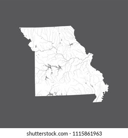 U.S. states - map of Missouri. Hand made. Rivers and lakes are shown. Please look my other images of cartographic series - they are all very detailed and carefully drawn by hand WITH RIVERS AND LAKES.