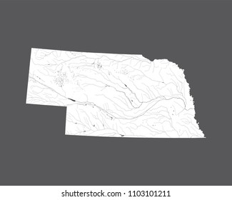 U.S. states - map of Nebraska. Hand made. Rivers and lakes are shown. Please look my other images of cartographic series - they are all very detailed and carefully drawn by hand WITH RIVERS AND LAKES.