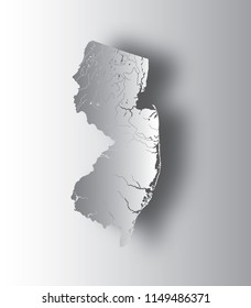 U.S. states - map of New Jersey with paper cut effect. Rivers and lakes are shown. Please look my images of cartographic series - they are all very detailed and drawn by hand WITH RIVERS AND LAKES