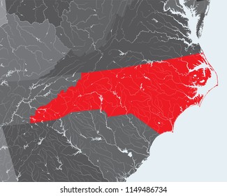 U.S. states - map of North Carolina. Rivers and lakes are shown. Please look at my other images of cartographic series - they are all very detailed and carefully drawn by hand WITH RIVERS AND LAKES.