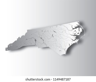 U.S. states - map of North Carolina with paper cut effect. Please look at my other images of cartographic series - they are all very detailed and carefully drawn by hand WITH RIVERS AND LAKES.