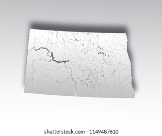 U.S. states - map of North Dakota with paper cut effect. Please look at my other images of cartographic series - they are all very detailed and carefully drawn by hand WITH RIVERS AND LAKES.