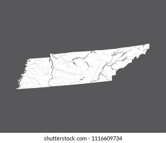 U.S. states - map of Tennessee. Rivers and lakes are shown. Please look at my other images of cartographic series - they are all very detailed and carefully drawn by hand WITH RIVERS AND LAKES.