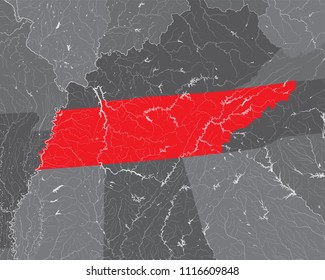 U.S. states - map of Tennessee. Rivers and lakes are shown. Please look at my other images of cartographic series - they are all very detailed and carefully drawn by hand WITH RIVERS AND LAKES.