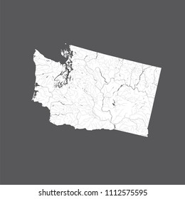 U.S. states - map of Washington. Rivers and lakes are shown. Please look at my other images of cartographic series - they are all very detailed and carefully drawn by hand WITH RIVERS AND LAKES.