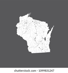 U.S. states - map of Wisconsin. Hand made. Rivers and lakes are shown. Look at my other images of cartographic series - they are all very detailed and carefully drawn by hand WITH RIVERS AND LAKES