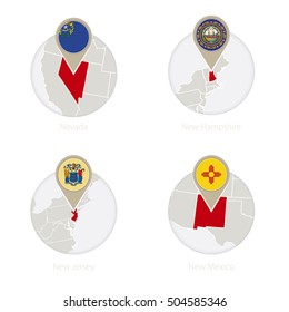 US States Nevada, New Hampshire, New Jersey, New Mexico map and flag in circle. Vector Illustration.