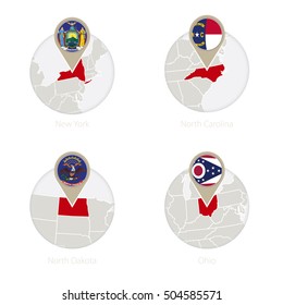 US States New York, North Carolina, North Dakota, Ohio map and flag in circle. Vector Illustration.