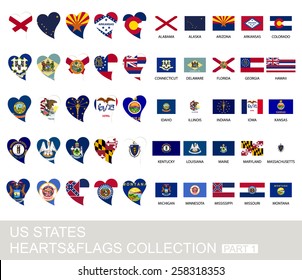 US states set, hearts and flags, 2  version, part 1