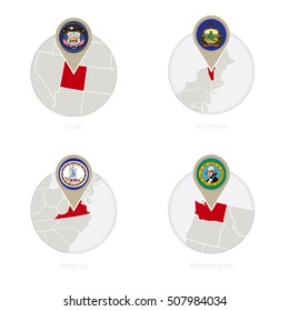 US States Utah, Vermont, Virginia, Washington map and flag in circle. Vector Illustration.