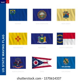 US states waving flag collection in official proportion, 9 vector flags: Nevada, New Hampshire, New Jersey, New Mexico, New York, North Carolina, North Dakota, Ohio, Oklahoma