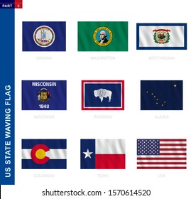 US states waving flag collection in official proportion, 9 vector flags: Virginia, Washington, West Virginia, Wisconsin, Wyoming, Alaska, Colorado, Texas, USA