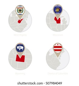 US States West Virginia, Wisconsin, Wyoming, District of Columbia map and flag in circle. Vector Illustration.