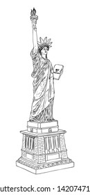 US Statue of Liberty drawing. USA New York city famous tourist landmark. Poster or flyers sculpture illustration element. Hand drawn logo of American symbol for presentations. Vector.