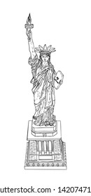 US Statue of Liberty drawing. USA New York city famous tourist landmark. Poster or flyers sculpture illustration element. Hand drawn logo of American symbol for presentations. Vector.