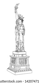 US Statue of Liberty drawing. USA New York city famous tourist landmark. Poster or flyers sculpture illustration element. Hand drawn logo of American symbol for presentations. Vector.
