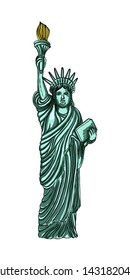 US Statue of Liberty drawing. USA New York city famous tourist landmark. Poster or flyers sculpture illustration element. Hand drawn logo of American symbol for presentations. Vector.