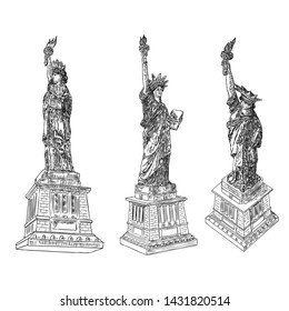 US Statue of Liberty set drawing. USA New York city famous tourist landmark. Poster or flyers sculpture illustration element. Hand drawn logo of American symbol for presentations. Vector.