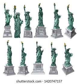 US Statue of Liberty set drawings in color. USA New York city famous tourist landmark. Poster or flyers sculpture illustrations elements. Hand drawn logo of American symbol for presentations. Vector.