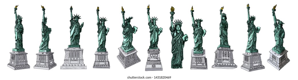 US Statue of Liberty set drawings in color. USA New York city famous tourist landmark. Poster or flyers sculpture illustrations elements. Hand drawn logo of American symbol for presentations. Vector.