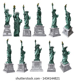 US Statue of Liberty set drawings in color. USA New York city famous tourist landmark. Poster or flyers sculpture illustrations elements. Hand drawn logo of American symbol for presentations. Vector.