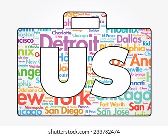 US Suitcase letters with cities names words cloud, vector concept background