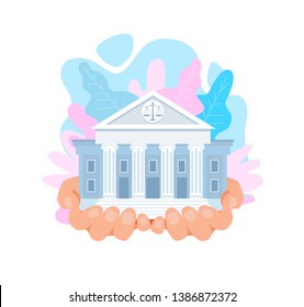 Ilustración de vectores planos de la Corte Suprema de Estados Unidos. Palacio de justicia en manos. Arquitectura Clásica de Caricatura, Columnas, Pilares. Sistema Judicial, Ley Y Orden De Los Estados Unidos. Punto de referencia mundial