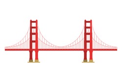 US Symbol - Golden Gate Bridge. Vector Landmark Isolated Over The White Background. San Francisco, United States Of America. Side View. Flat Style Illustration