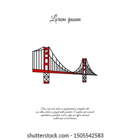 US symbol - Golden Gate Bridge. Vector landmark isolated over the white background. San Francisco, United States of America. Side view. Flat style illustration. icon color logo. 