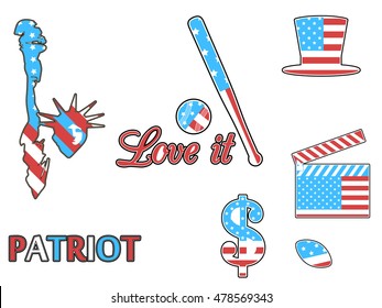 US symbols in the patriotic colors of isolation on a white background. Patriotic patch badges. Vector illustrations.