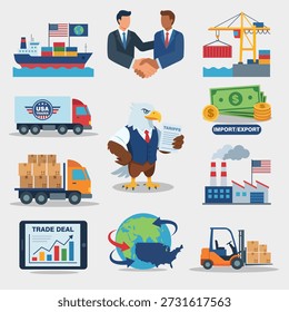 US Tariff and International Trade Vector Icon Set. Global Logistics, Import Export Business, and Economic Trade Deal Concept. Flat Design Illustration with Cargo Ship, Eagle, and Global Market Elements.