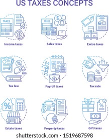 US Taxes Blue Concept Icons Set. Percentage Rate Of Taxation Idea Thin Line Illustrations. Income, Sales, Law, Property, Payroll, Gift Tax. Financial Charge. Vector Isolated Outline Drawings