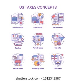 US Taxes Concept Icons Set. Percentage Rate Of Taxation Idea Thin Line Illustrations. Income, Sales, Excise, Estate Tax. Financial Charge. Vector Isolated Outline Drawings. Editable Stroke