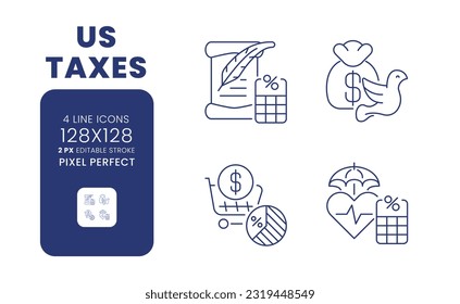 US taxes linear desktop icons set. Fiscal responsibilities. Federal income. Government revenue. Pixel perfect 128x128, outline 2px. Isolated user interface elements pack for website. Editable stroke