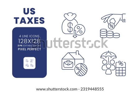US taxes linear desktop icons set. Deductions and exemptions. Income taxation. Federal spending. Pixel perfect 128x128, outline 2px. Isolated user interface elements pack for website. Editable stroke