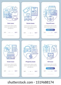 US taxes types blue onboarding mobile app page screen with linear concepts set. Sales, excise, property taxation walkthrough steps graphic instructions. UX, UI, GUI vector template with illustrations