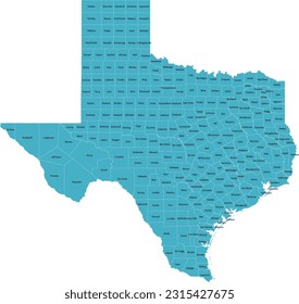 Mapa del condado de Texas de EE. UU. con 254 Condados de Nombres y Límites, todo el texto en una capa podría ser escondido.