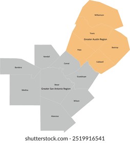 Mapa metroplex de San Antonio-Austin para os Estados Unidos da América