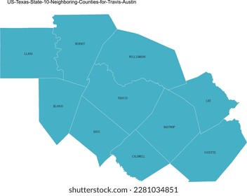 US Texas State 10 Benachbarte Counties for Austin, darunter 
TRAVIS, BURNET, LLANO, FAYETTE, BLANCO, LEE, HAYS, CALDWELL, BASTROP, WILLIAMSON