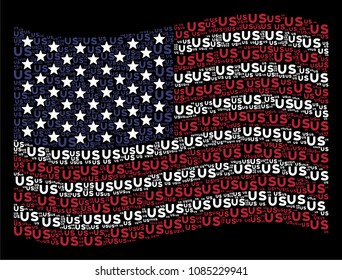US text items are organized into waving American flag abstraction on a dark background. Vector composition of USA state flag is constructed of US text items.