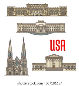 US tourist and travel attractions symbols. Detailed vector facades of United States Supreme Court, Library of Congress, Brooklyn Museum, St Patrick Cathedral