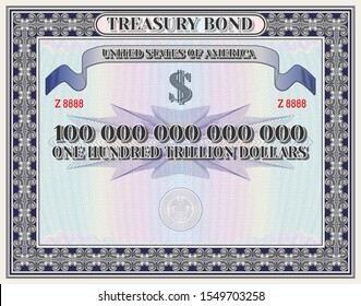 US Treasury bond blank in dark blue frame and one hundred trillion dollars inscription