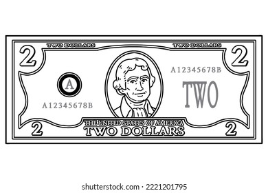 US Two dollars bill. Vector line art illustration.