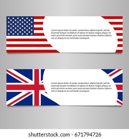 US and UK flag banner or header template. American and British flag background with space for text. Great Britain and USA national symbol. Vector illustration.