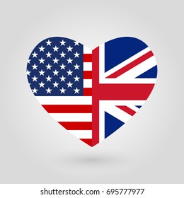 Estados Unidos y el Reino Unido marcan un icono en forma de corazón. Símbolo de amistad estadounidense y británica. Ilustración vectorial.